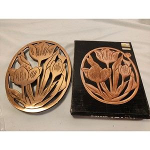 the cellar copper plated cast iron trivet Tulips Flower 1983 Macy's vtg …